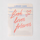 Library card with 'Book lover forever' text on a light gray background
