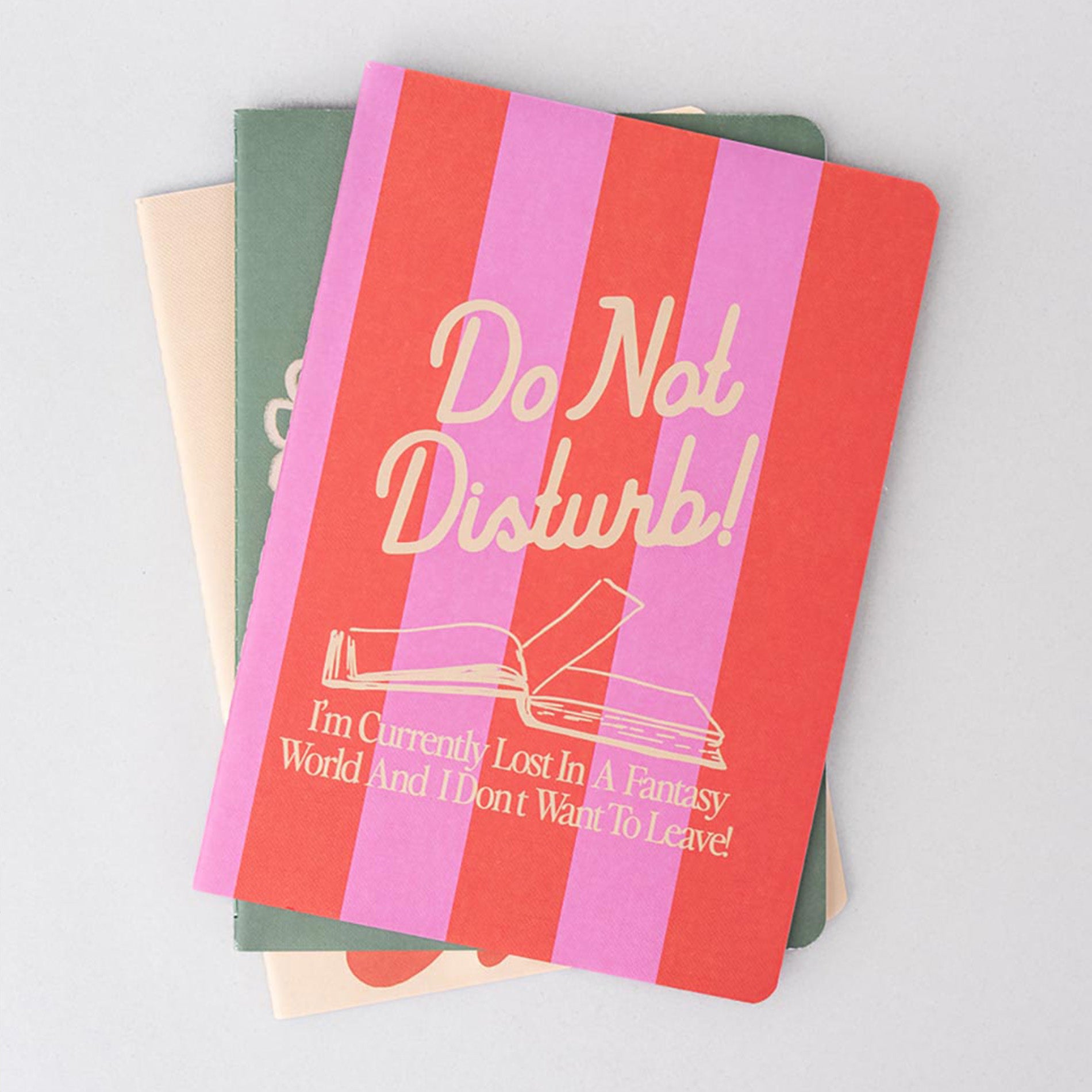 Notebook with 'Do Not Disturb! I'm Currently Lost In A Fantasy World And I Don't Want To Leave!' text on a gray background