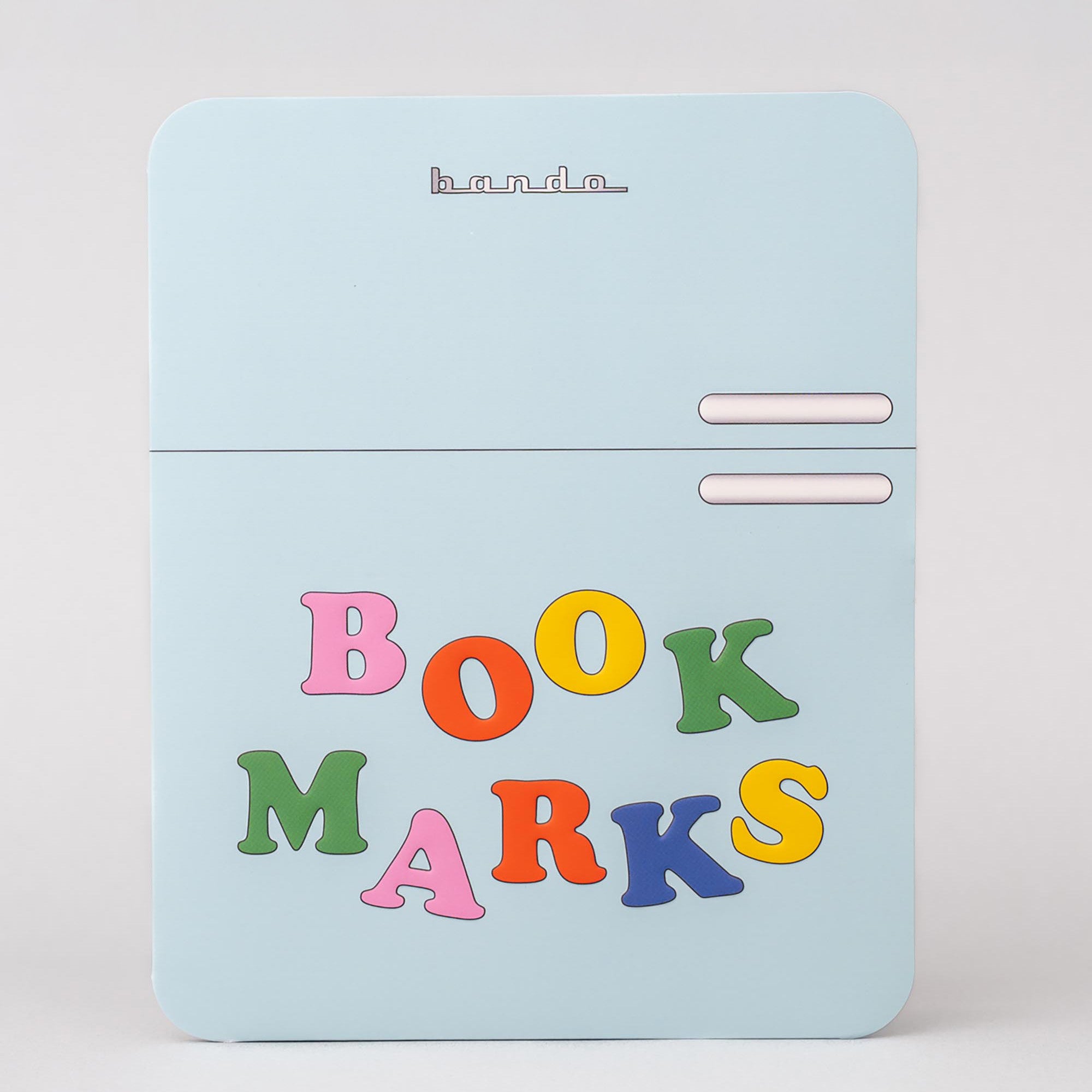 Light blue container with colorful 'BOOKMARKS' text on a white background