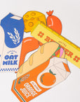 Illustrations of oat milk, orange juice, and a bar of butter on a white background