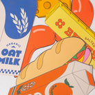 Illustration of a loaf of bread with colorful packaging in the background