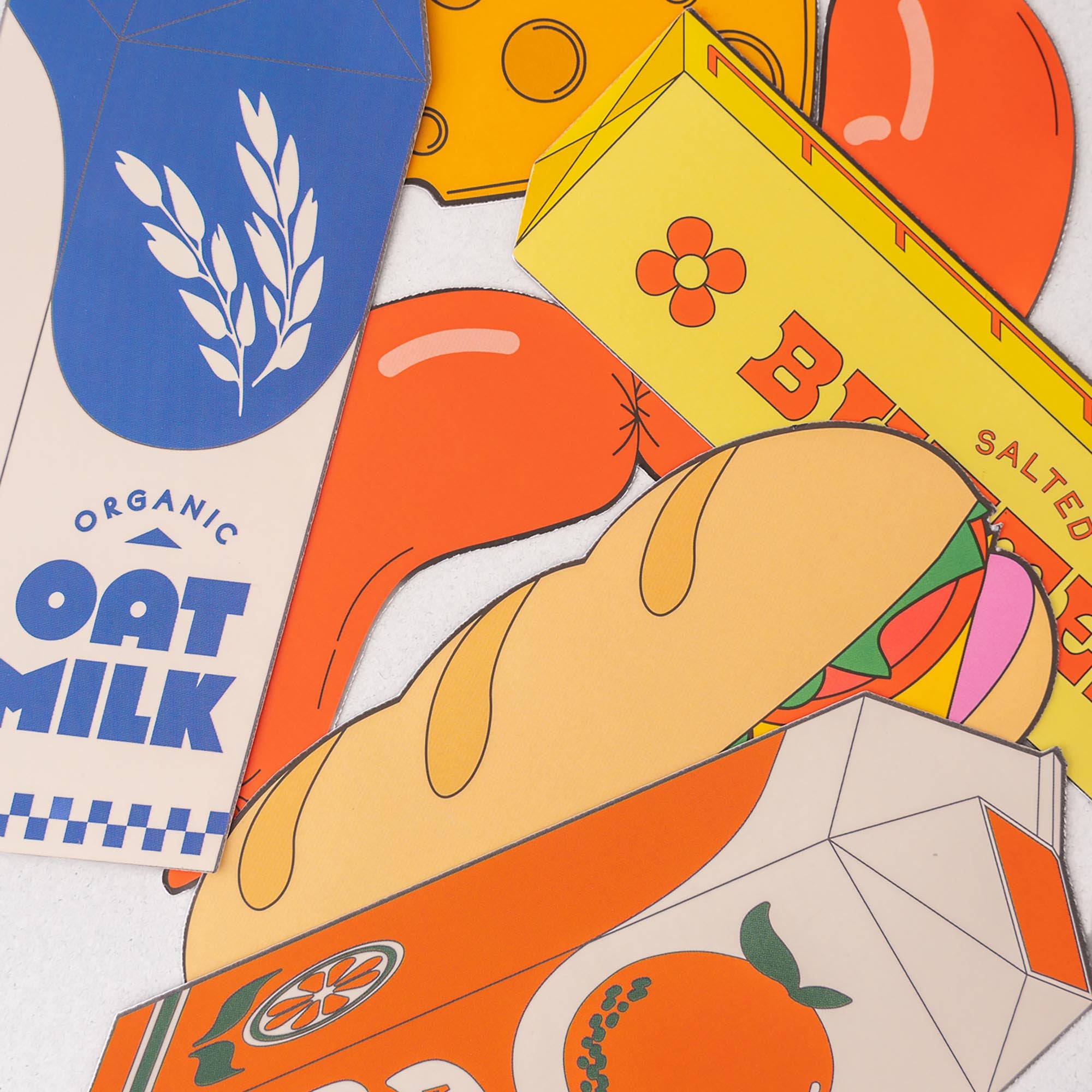 Illustration of a loaf of bread with colorful packaging in the background