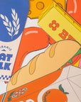 Illustration of a loaf of bread with colorful packaging in the background