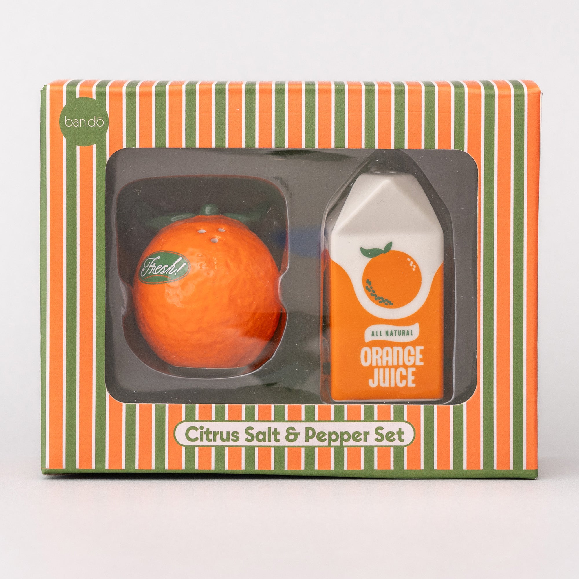 Citrus salt and pepper set in packaging with orange design on a white background