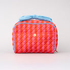Quilted makeup bag with pink and orange stripes on a light gray background