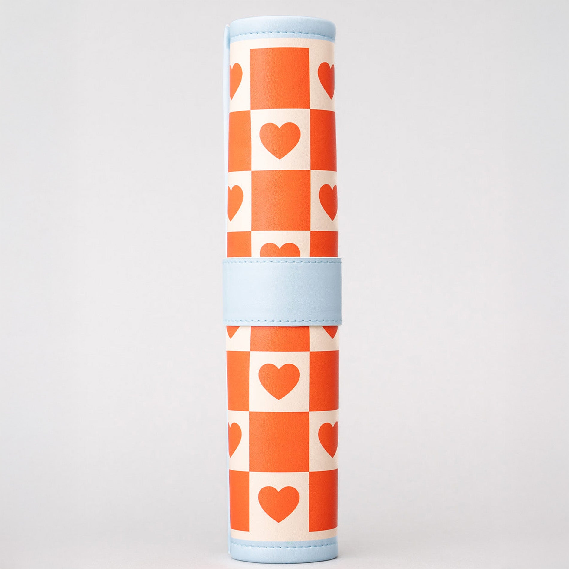 roll up checkers and backgammon with orange and white checkered pattern and blue accents on a light gray background