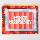 Pouch with cherry design and 'Fancy Schmancy' text on a white background