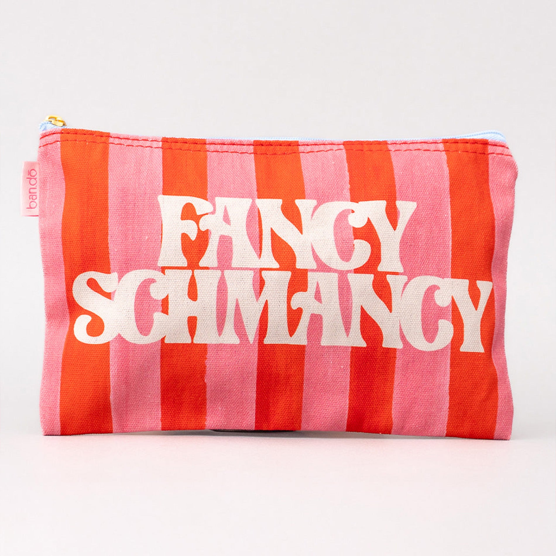 Striped pouch with 'Fancy Schmancy' text on a white background