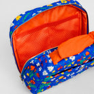 A blue floral zippered pouch with a bright orange mesh interior and matching orange fabric lining, shown open on a light gray background.