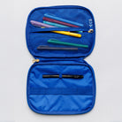 An open blue mesh pen case on a light gray background, showing several colorful pens stored in the upper compartment and a black pen in the lower compartment.