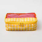 A yellow and white gingham zippered pouch with a pink mesh top window, shown on a clean white background.