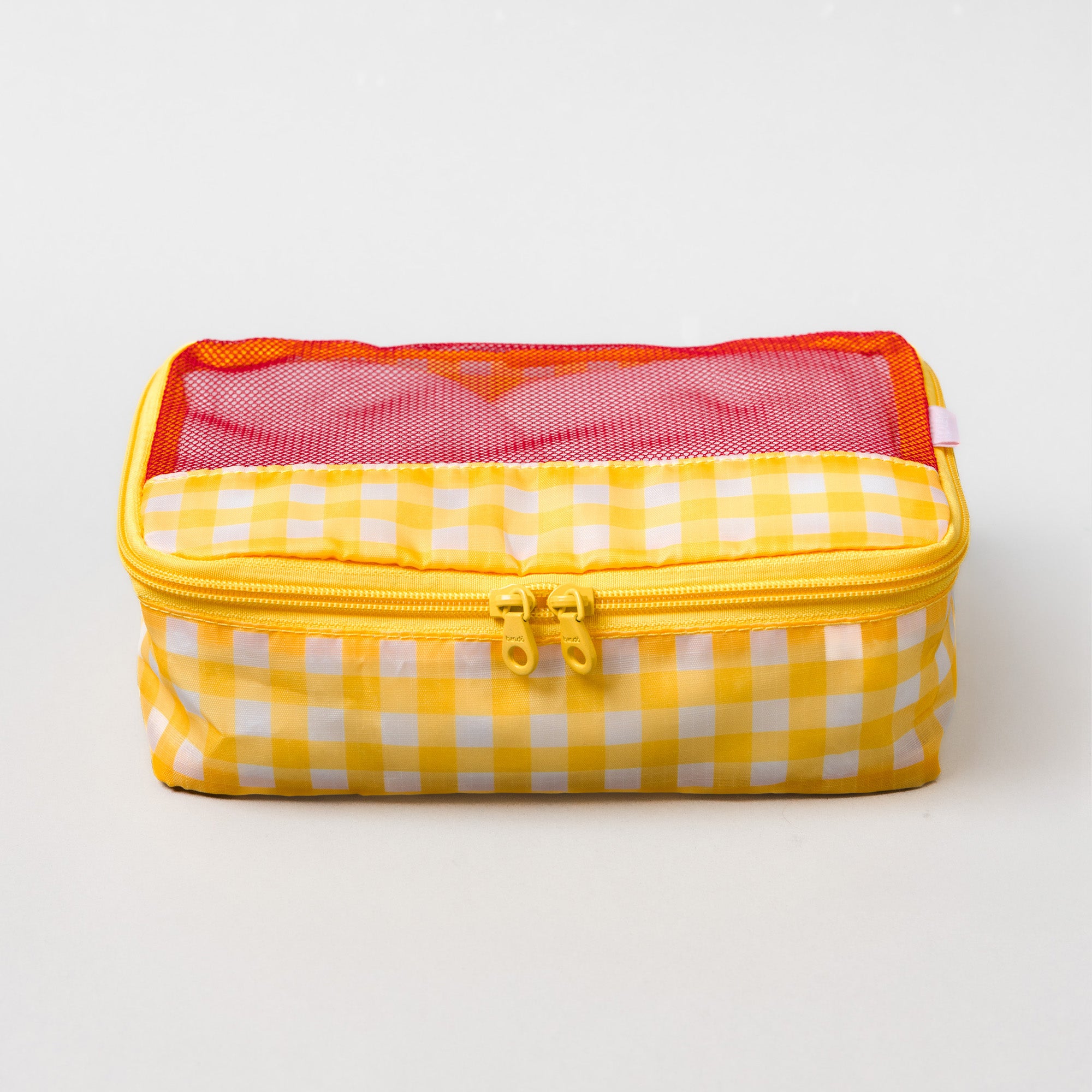 A yellow and white gingham zippered pouch with a pink mesh top window, shown on a clean white background.