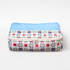 A rectangular zippered pouch with a colorful geometric star pattern on a white background and a light blue mesh top, shown on a plain white studio background.
