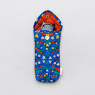A quilted fabric sunglasses case with a blue background and a colorful floral print, shown on a light gray background with sunglasses inside.
