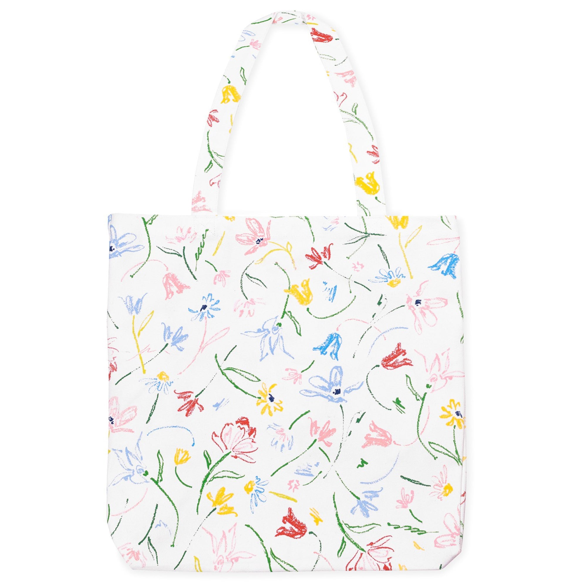 A white canvas tote bag with a colorful hand-drawn floral pattern, featuring green stems and pink, blue, yellow, and red flowers, shown against a plain white background.