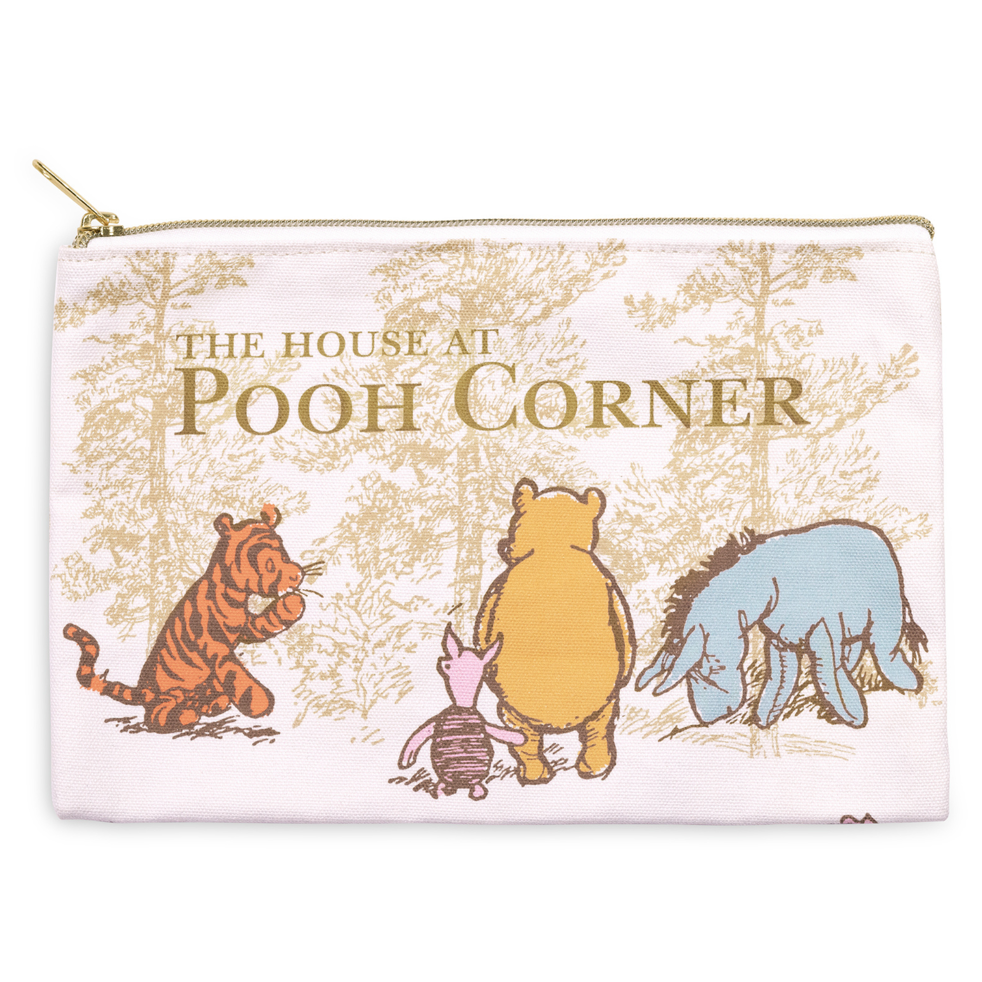 Pouch with illustrations of Winnie the Pooh and friends from 'The House at Pooh Corner' on a white background.