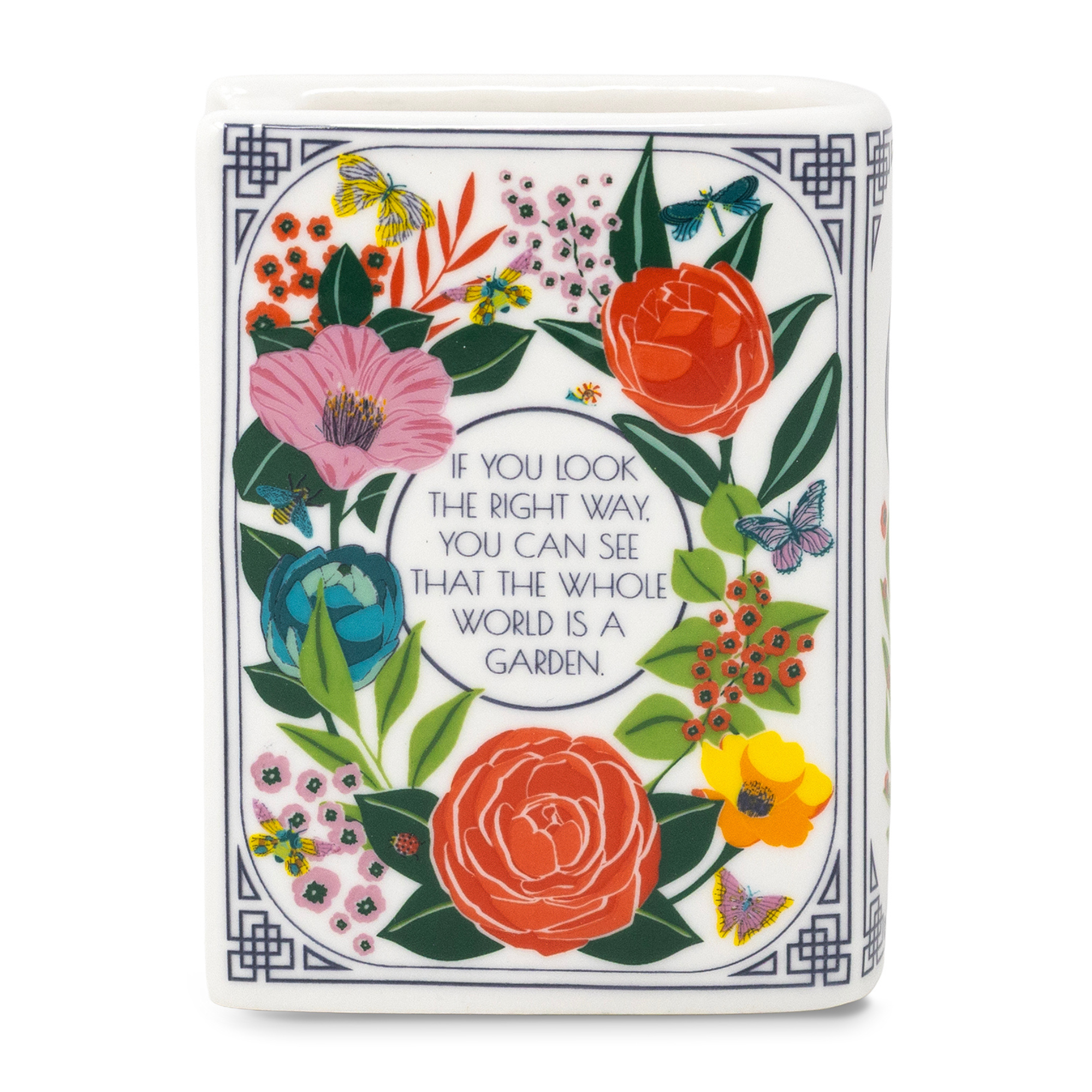 Decorative box with floral design and inspirational quote on a white background