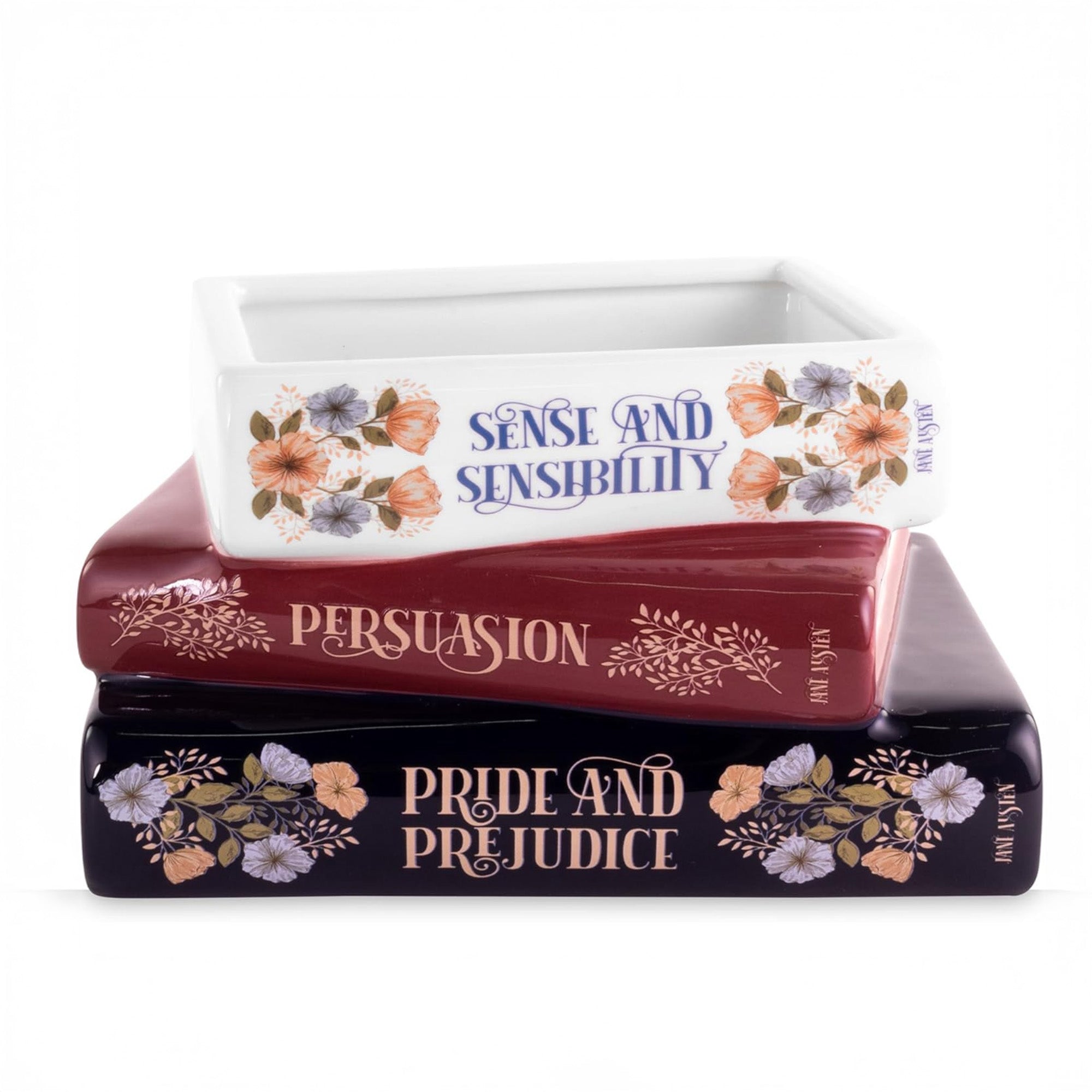 Stack of books with 'Pride and Prejudice', 'Persuasion', and 'Sense and Sensibility' on a white background
