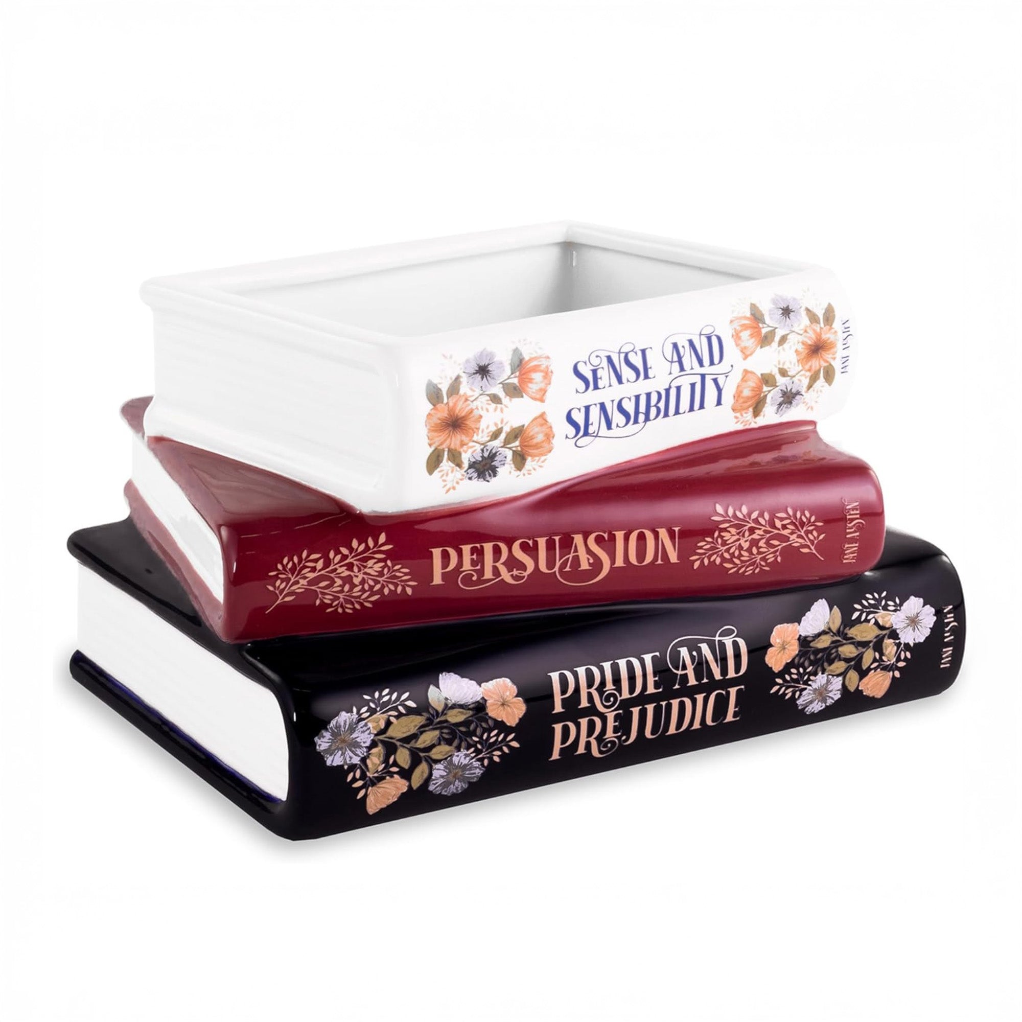 Stack of books with 'Pride and Prejudice' on a white background