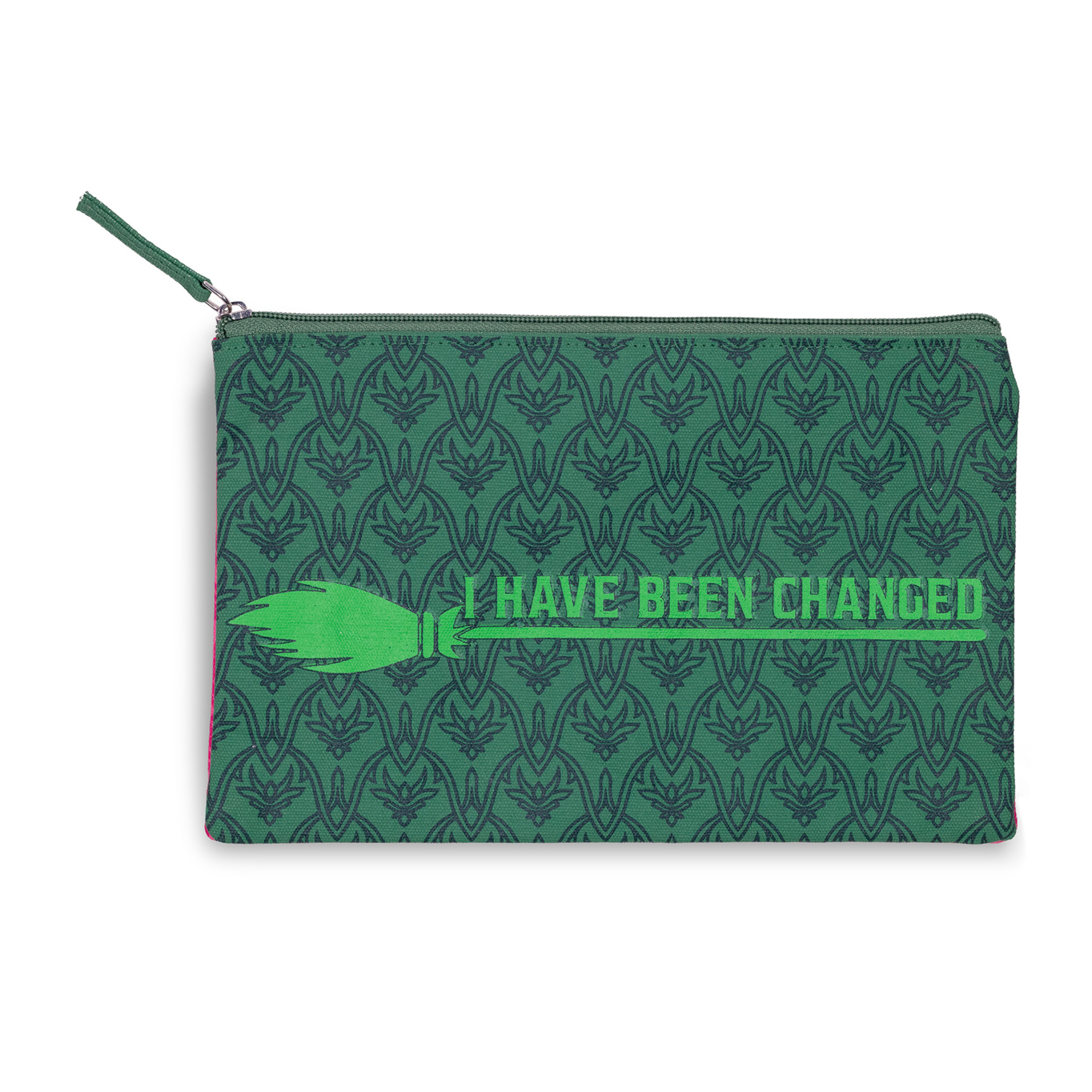 Green pouch with pattern and text 'I HAVE BEEN CHANGED' on a white background