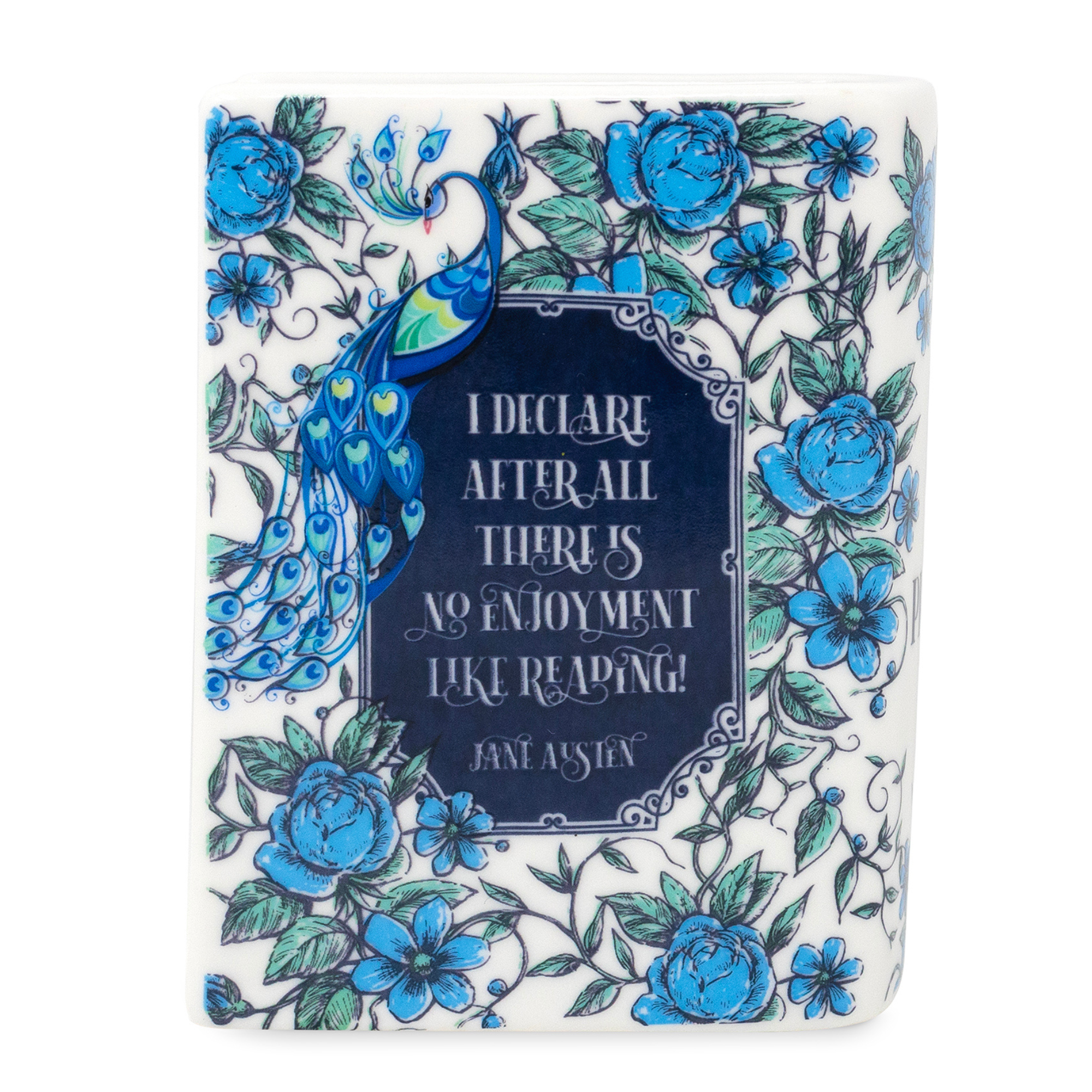 Book-shaped candle with 'Pride and Prejudice' design on a white background