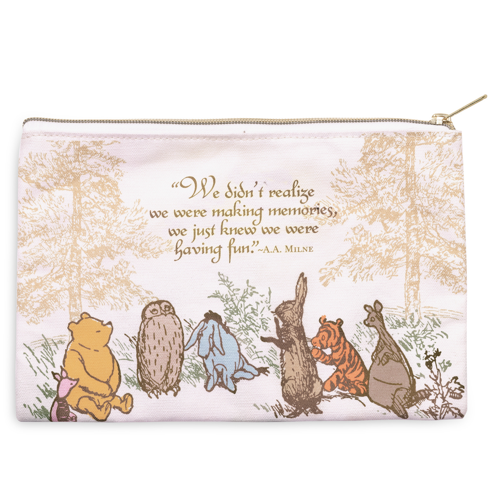Pouch with Winnie the Pooh and friends design and quote on a white background