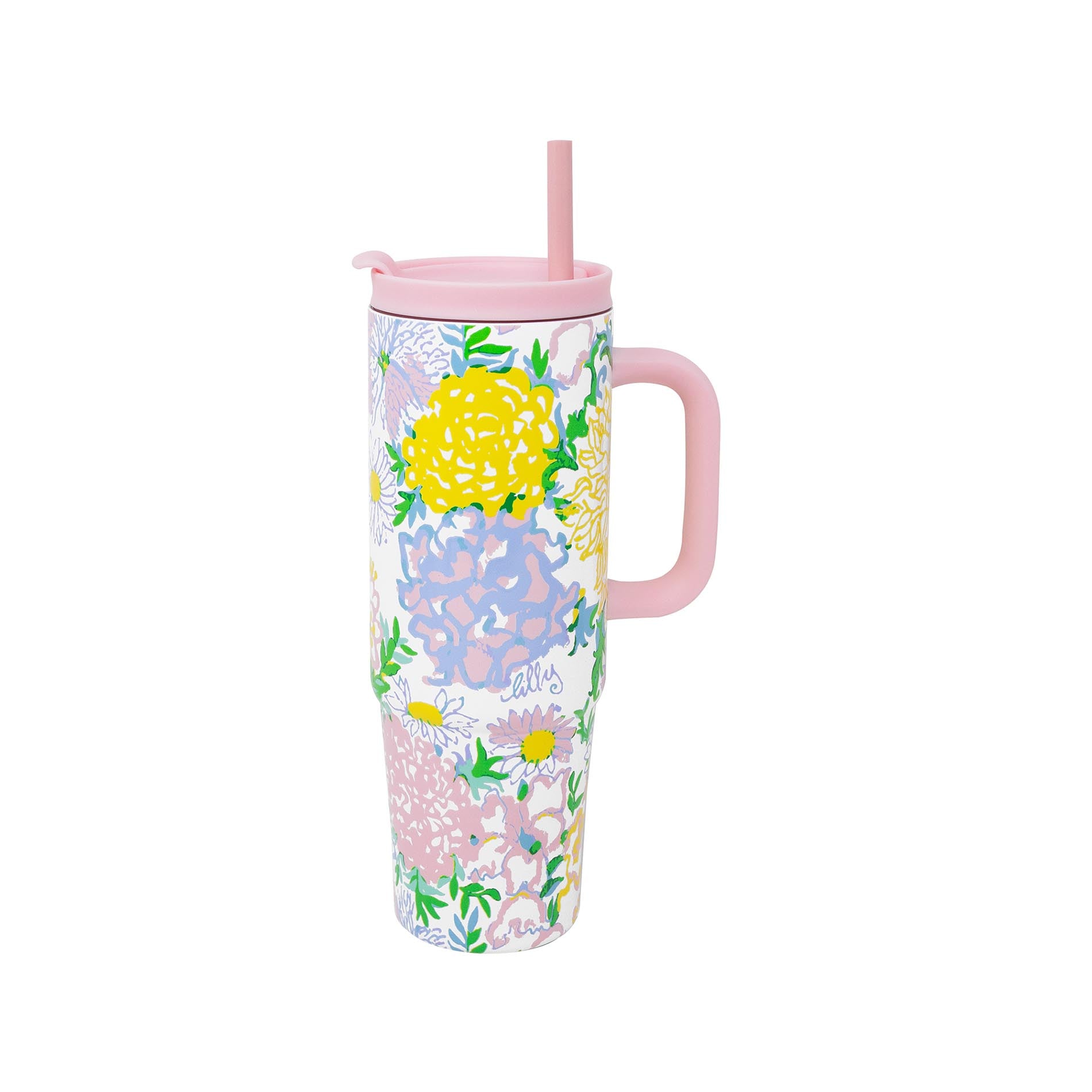 Floral-patterned tumbler with a pink handle and straw on a white background