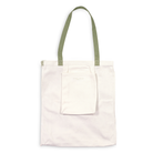 Beige tote bag with green handles on a white background