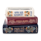 Stack of books titled 'Sense and Sensibility', 'Persuasion', and 'Pride and Prejudice' with decorative covers on a white background.