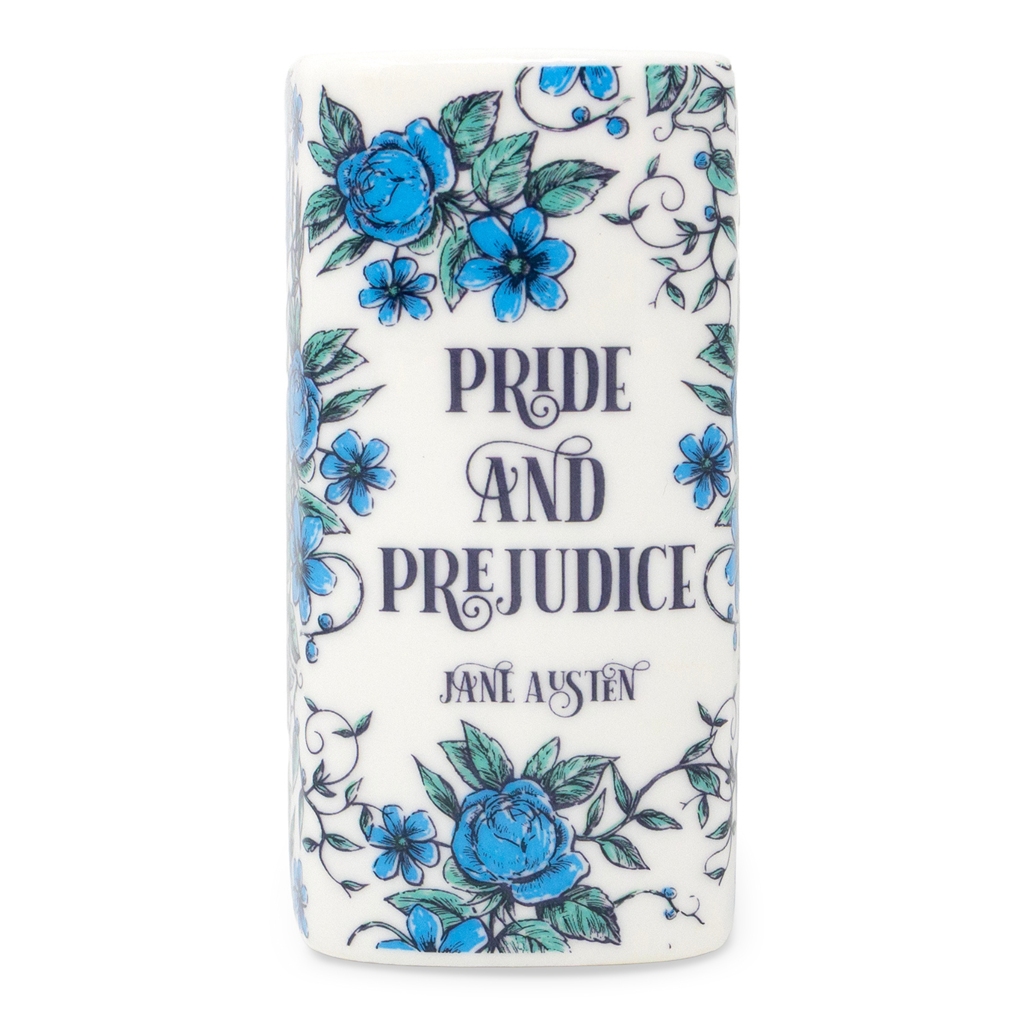 Book cover of &#39;Pride and Prejudice&#39; by Jane Austen with blue floral design on a white background