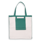 Tote bag with green top section and beige bottom section on a white background