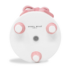 Round white object with pink accents and 'Steel Mill' branding on a white background