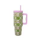 40 oz tumbler with pink lid and handle with green and pink tropical print