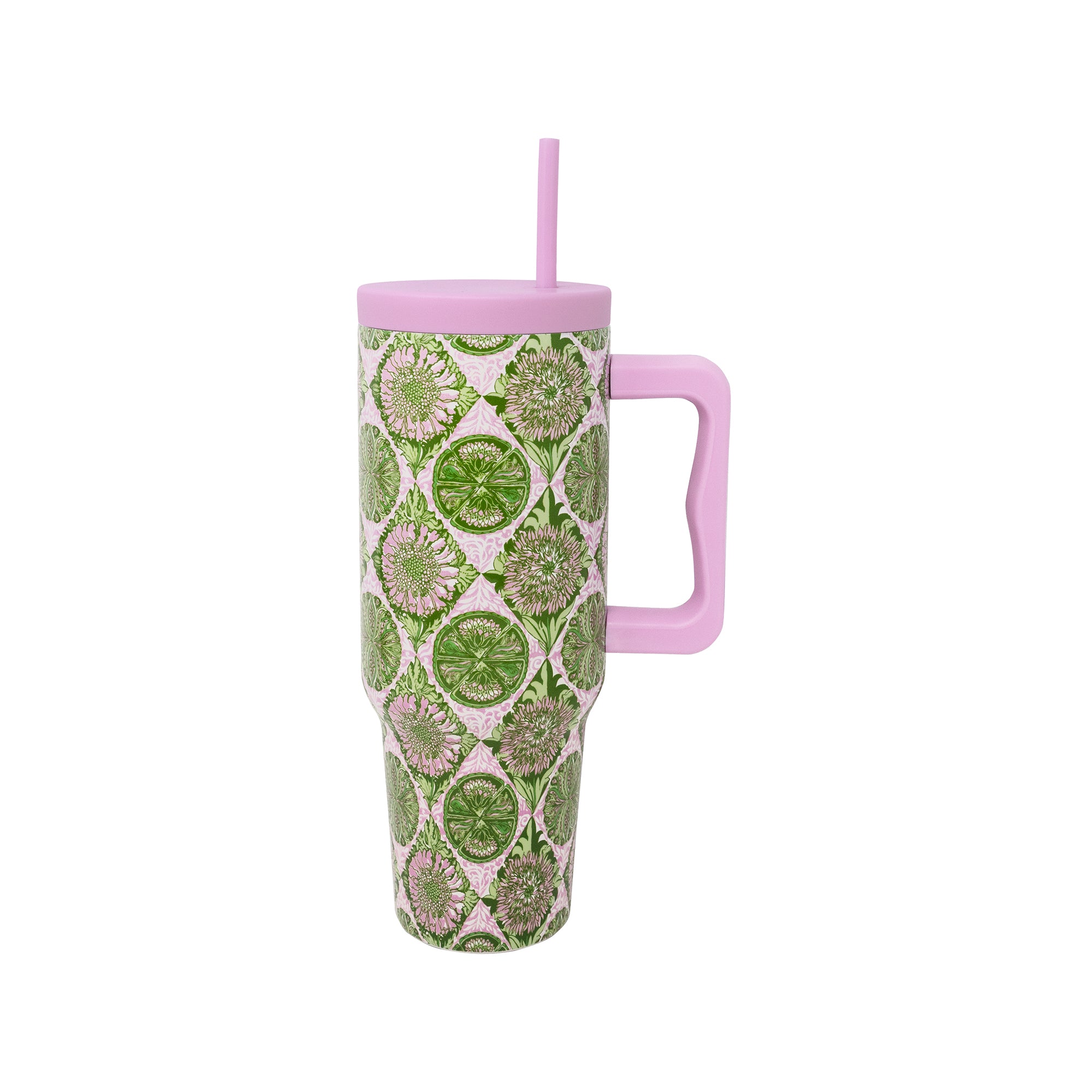 40 oz tumbler with pink lid and handle with green and pink tropical print