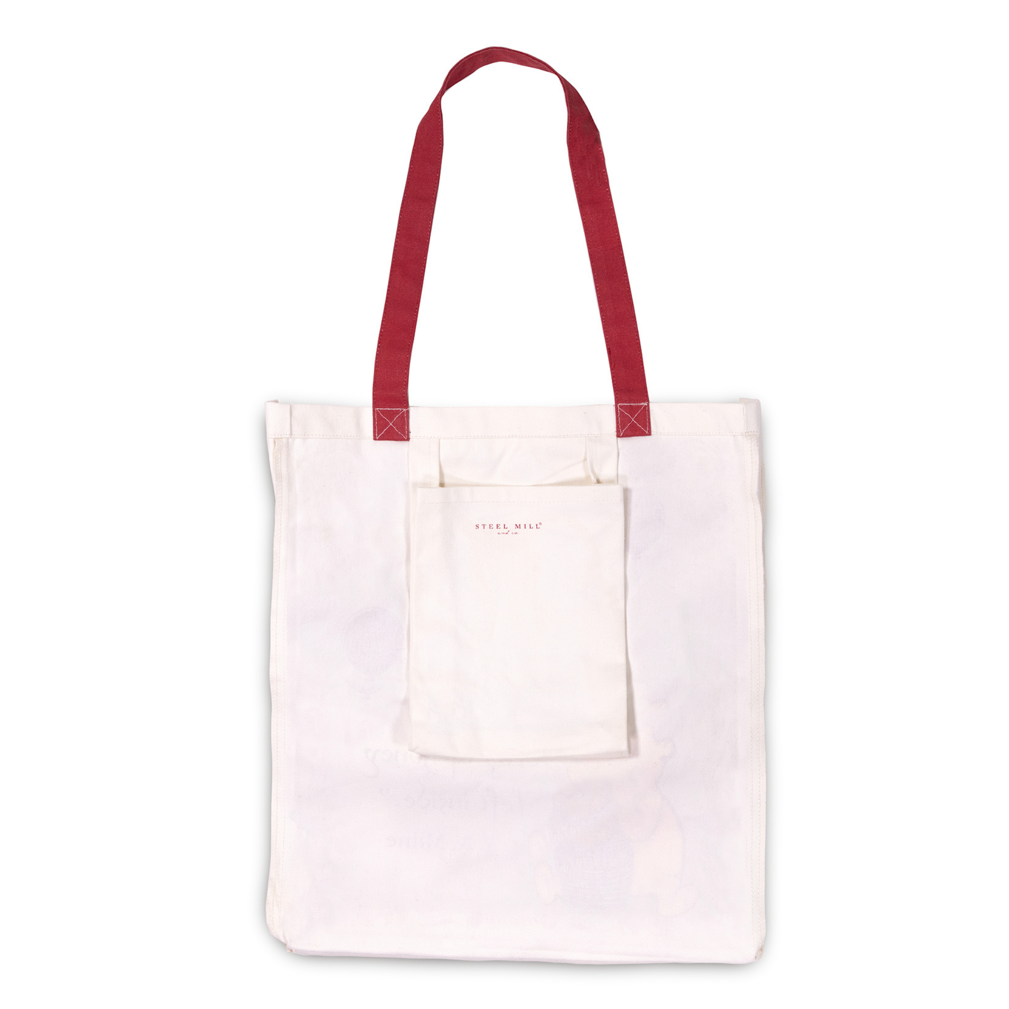 White tote bag with red handles on a white background