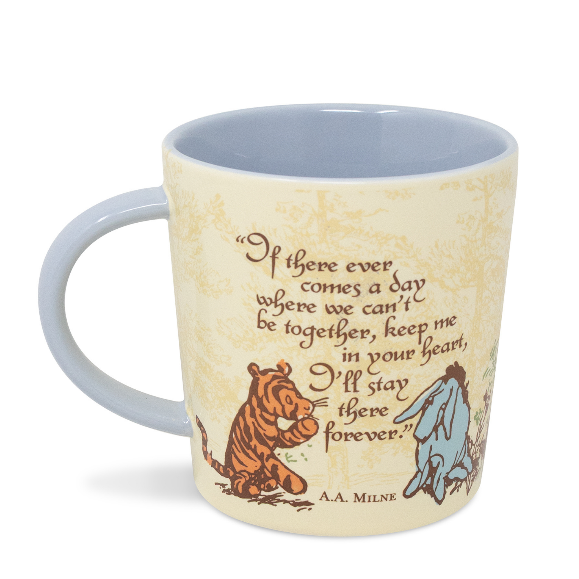 Mug with Winnie the Pooh and Tigger design and quote on a white background