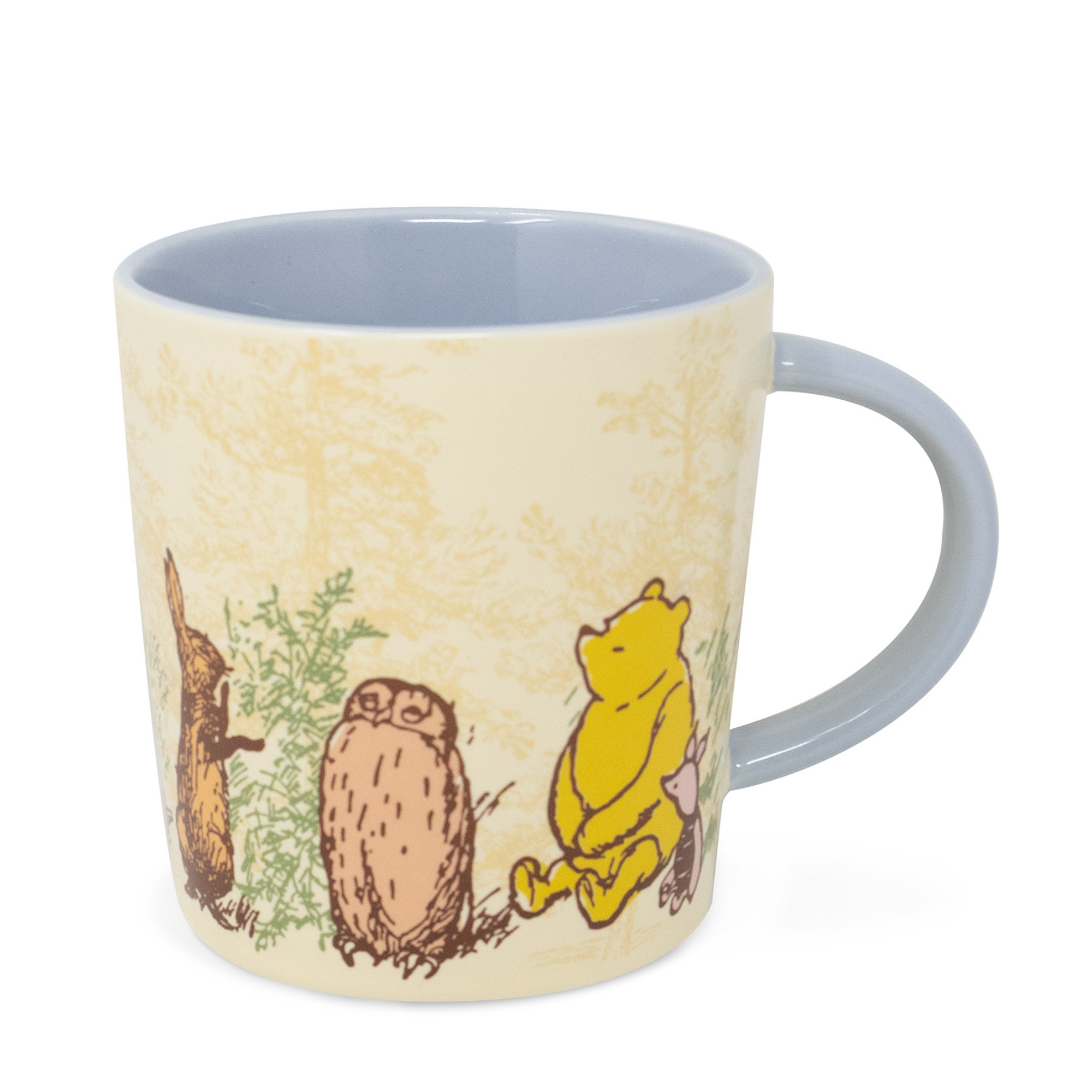 Mug with illustrations of a bear, rabbit, and owl on a beige background