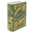 Decorative book-shaped vase with 'Pride and Prejudice' design on a white background