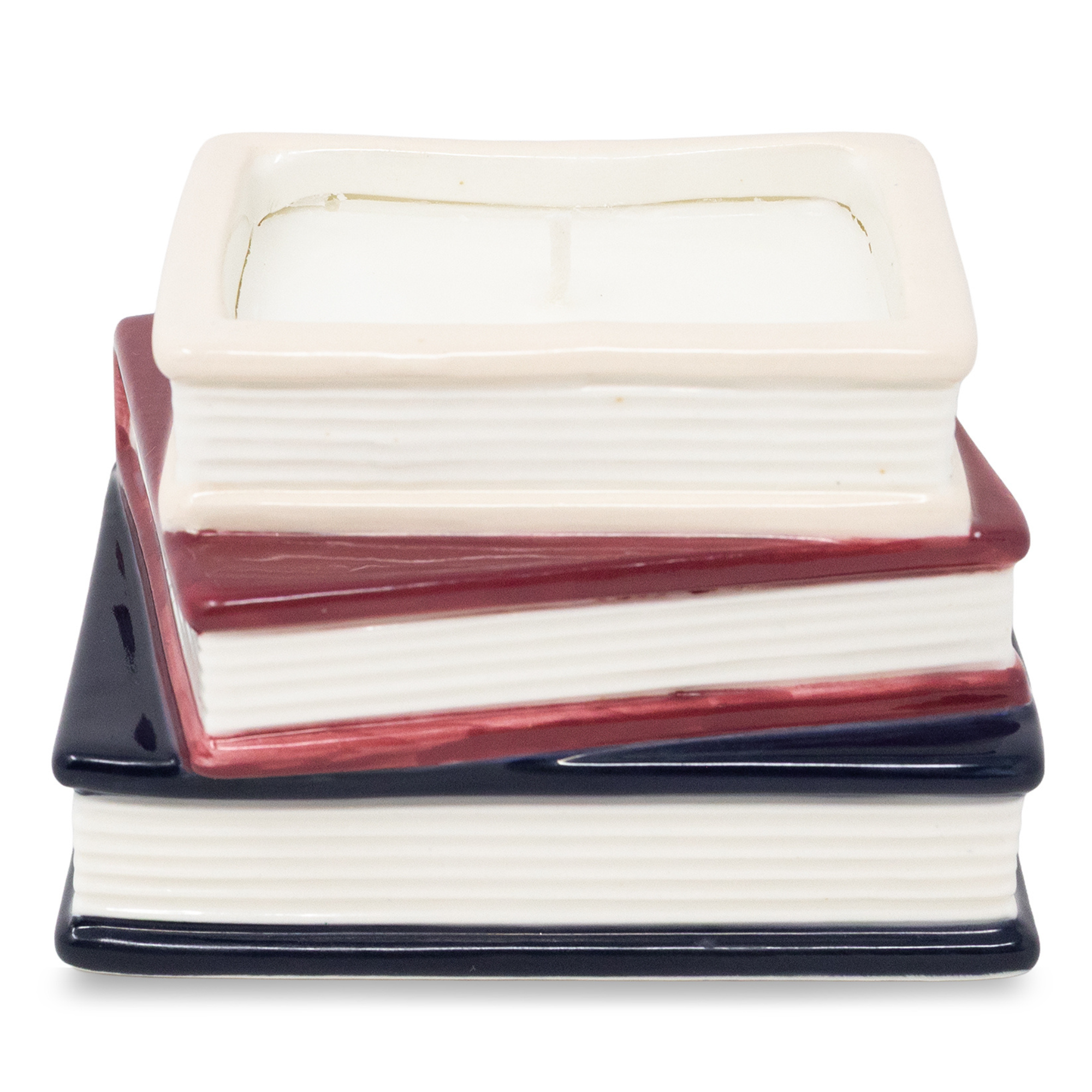 Stack of ceramic books with red, white, and blue stripes on a white background