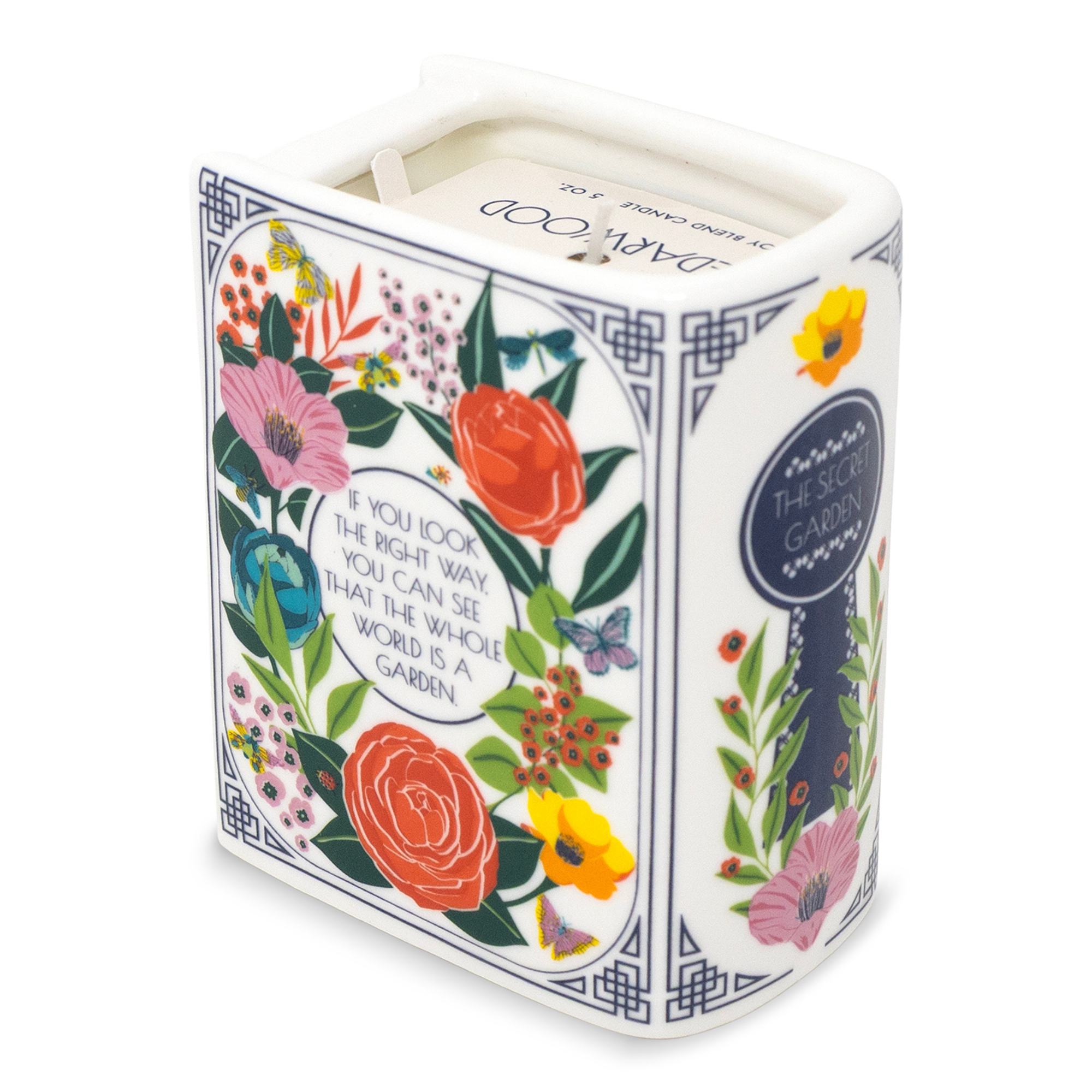 Floral-themed candle with decorative design and text on a white background