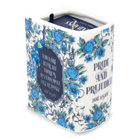 Book-shaped candle with 'Pride and Prejudice' design on a white background