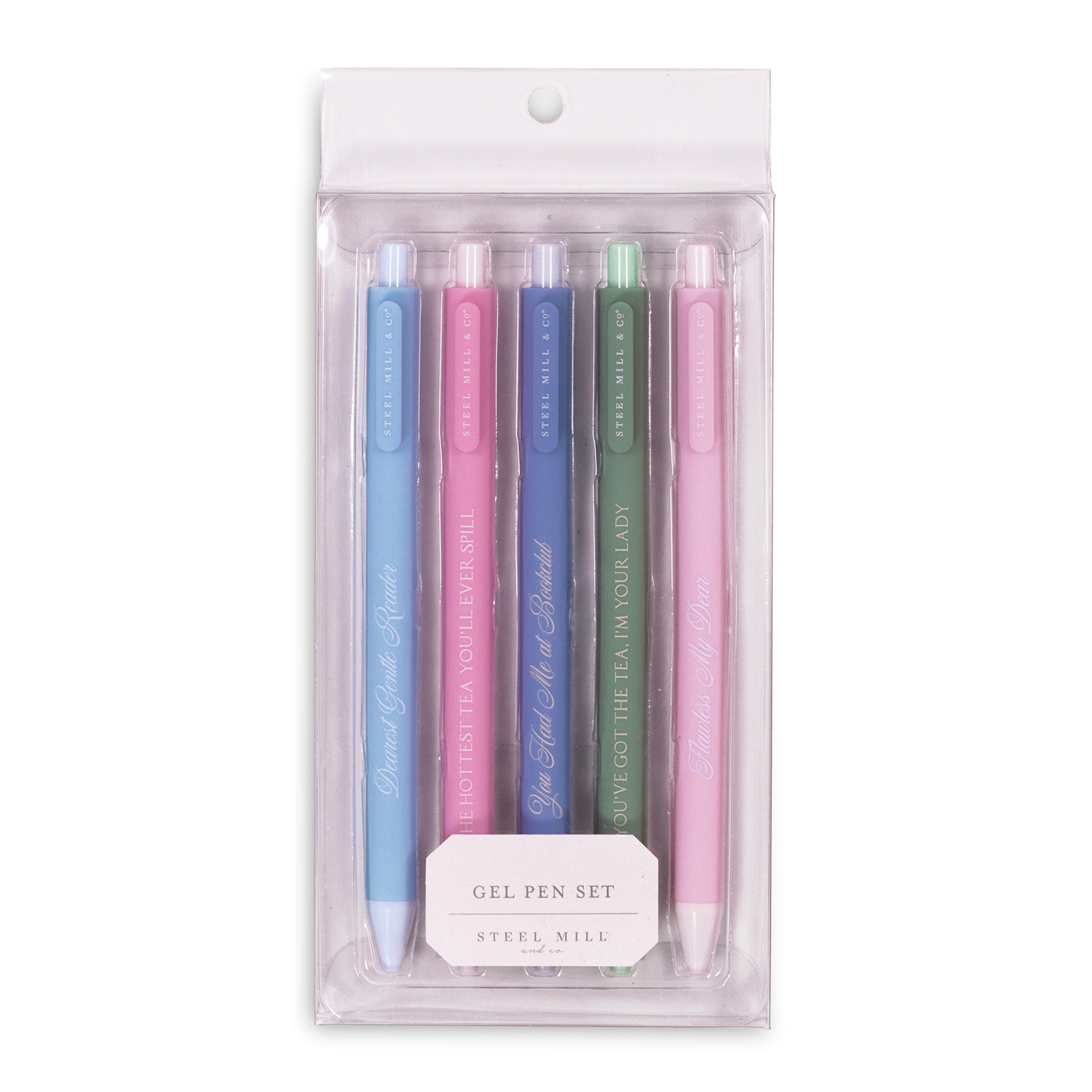 Set of pastel-colored gel pens in a clear packaging on a white background