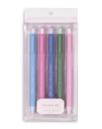 Set of pastel-colored gel pens in a clear packaging on a white background