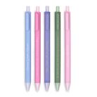 Five pastel-colored pens with different text designs on a white background
