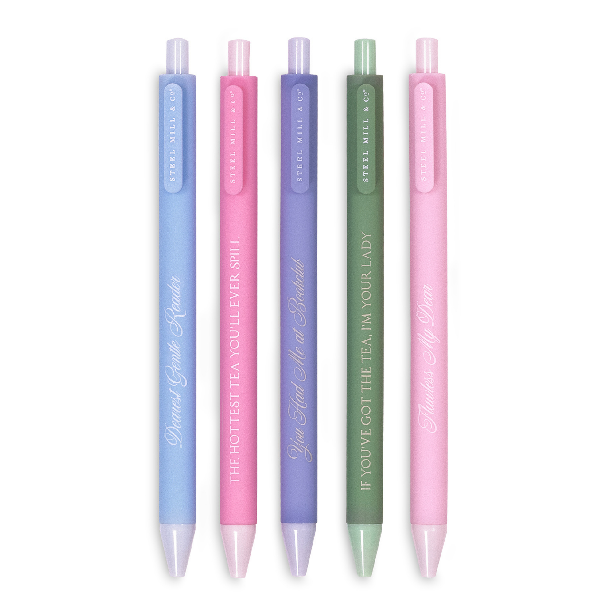 Five pastel-colored pens with different text designs on a white background