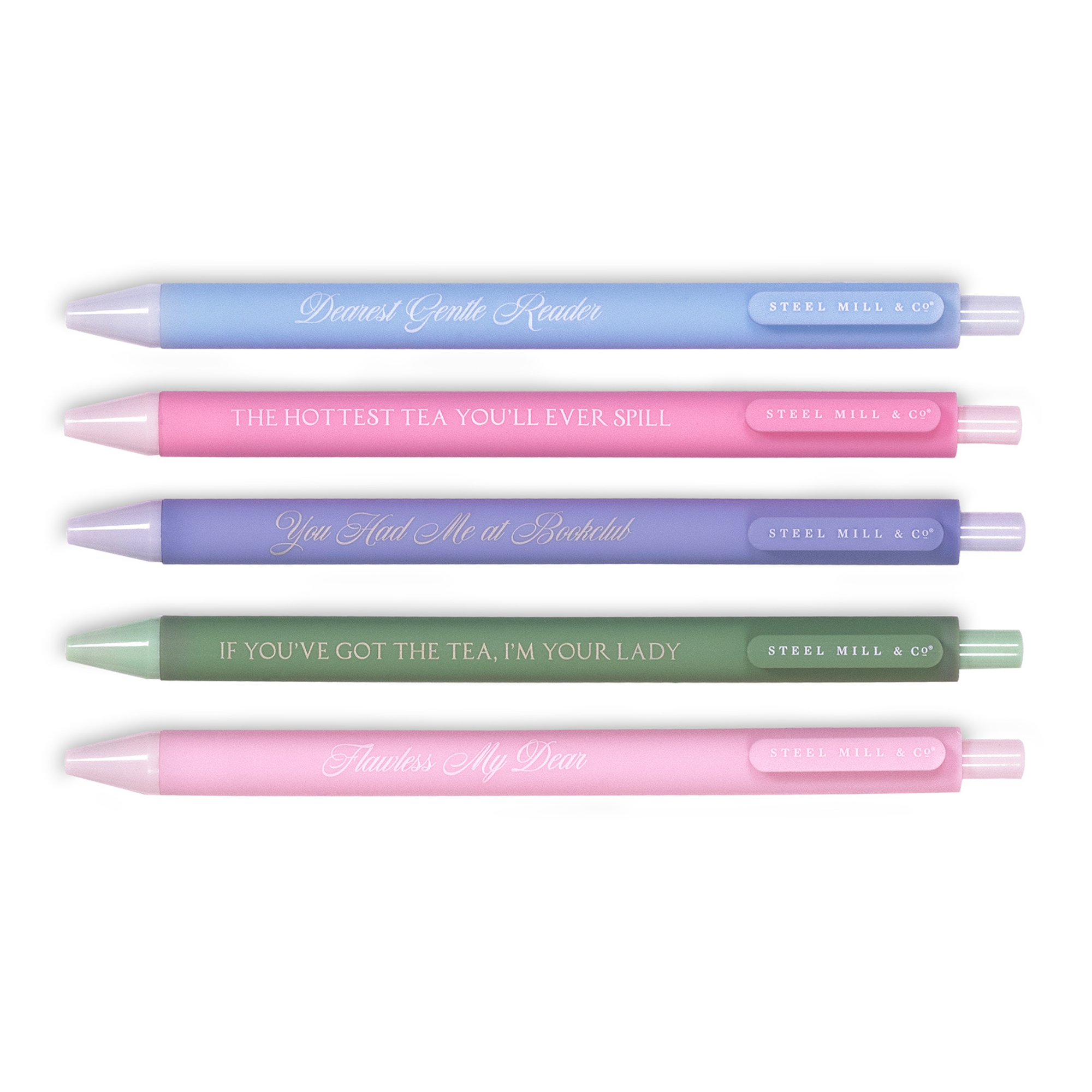 Set of five pastel-colored pens with humorous text on a white background