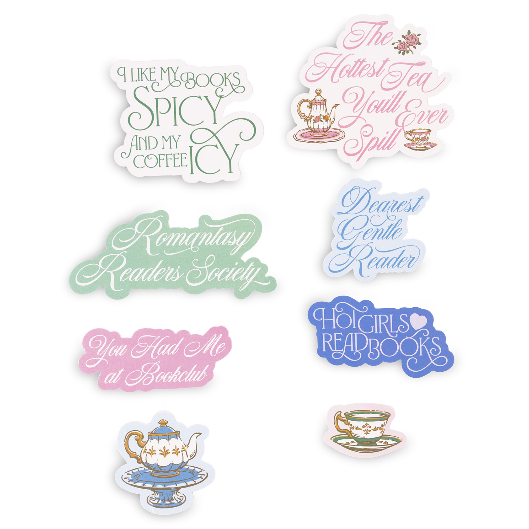 Set of decorative stickers with literary-themed designs and text on a white background
