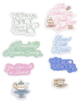Set of decorative stickers with literary-themed designs and text on a white background