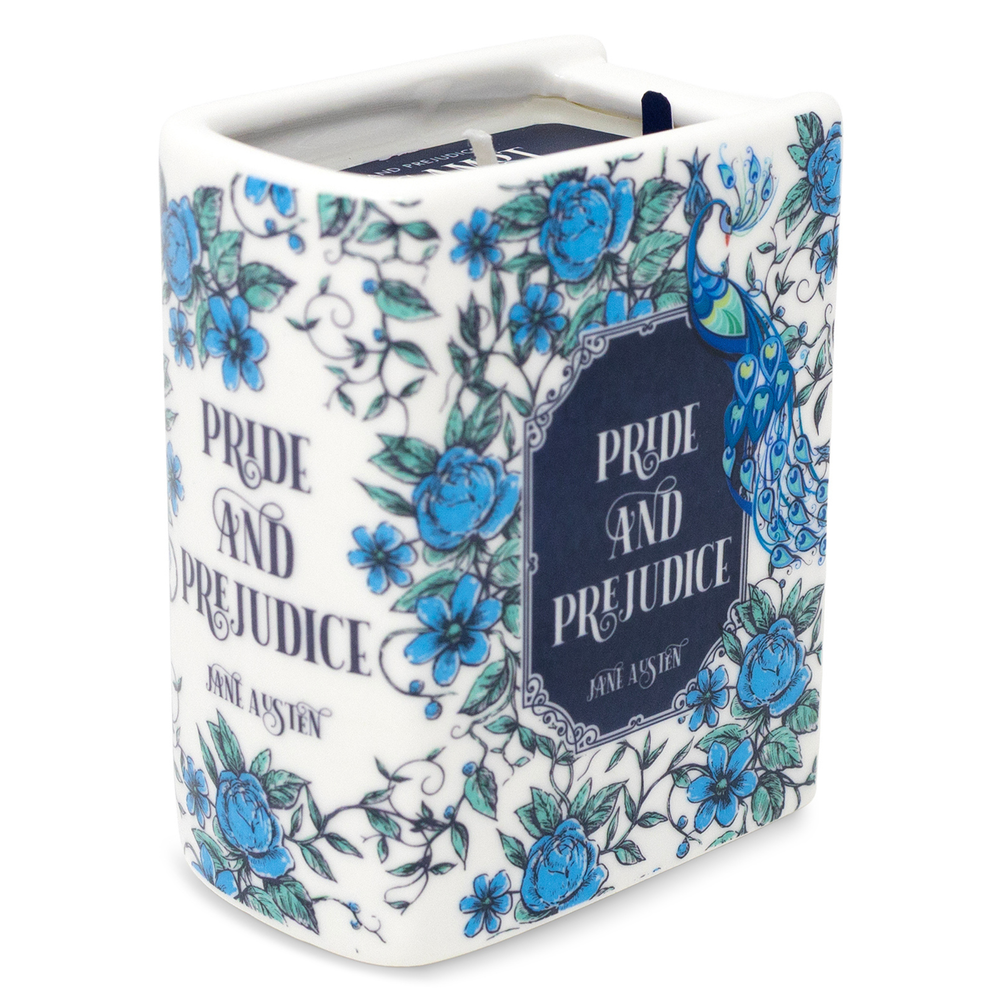 Book-shaped candle with &#39;Pride and Prejudice&#39; design on a white background