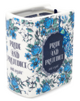 Book-shaped candle with 'Pride and Prejudice' design on a white background
